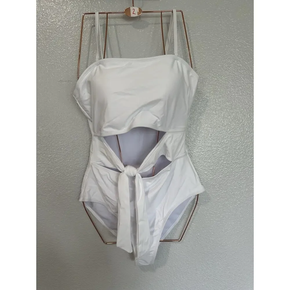 Pink Queen Women Bandeau One Piece Swimsuit Removable Strap Large, White